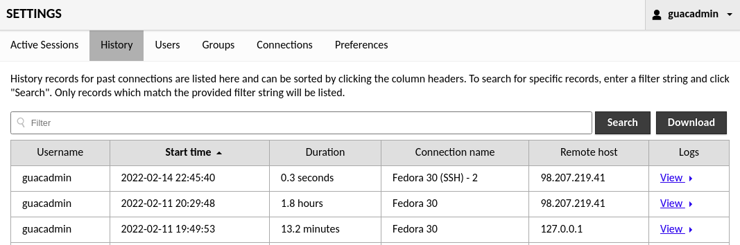 The Guacamole history UI showing available session recordings.