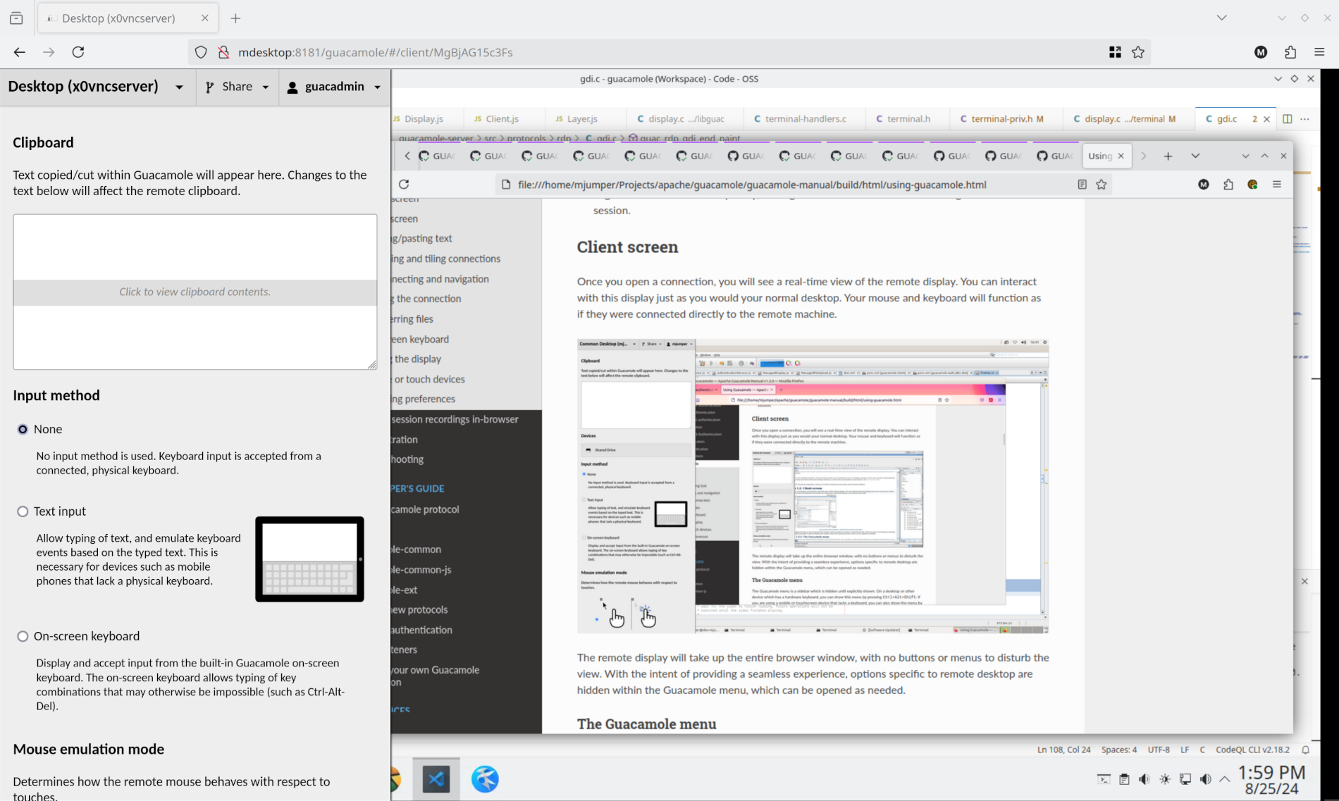 Guacamole client interface, with the Guacamole menuopen.