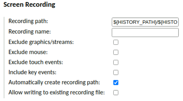 Configuring session recording with the path containing the history UUID
