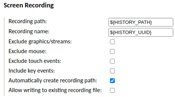 Configuring session recording with the name containing the history UUID