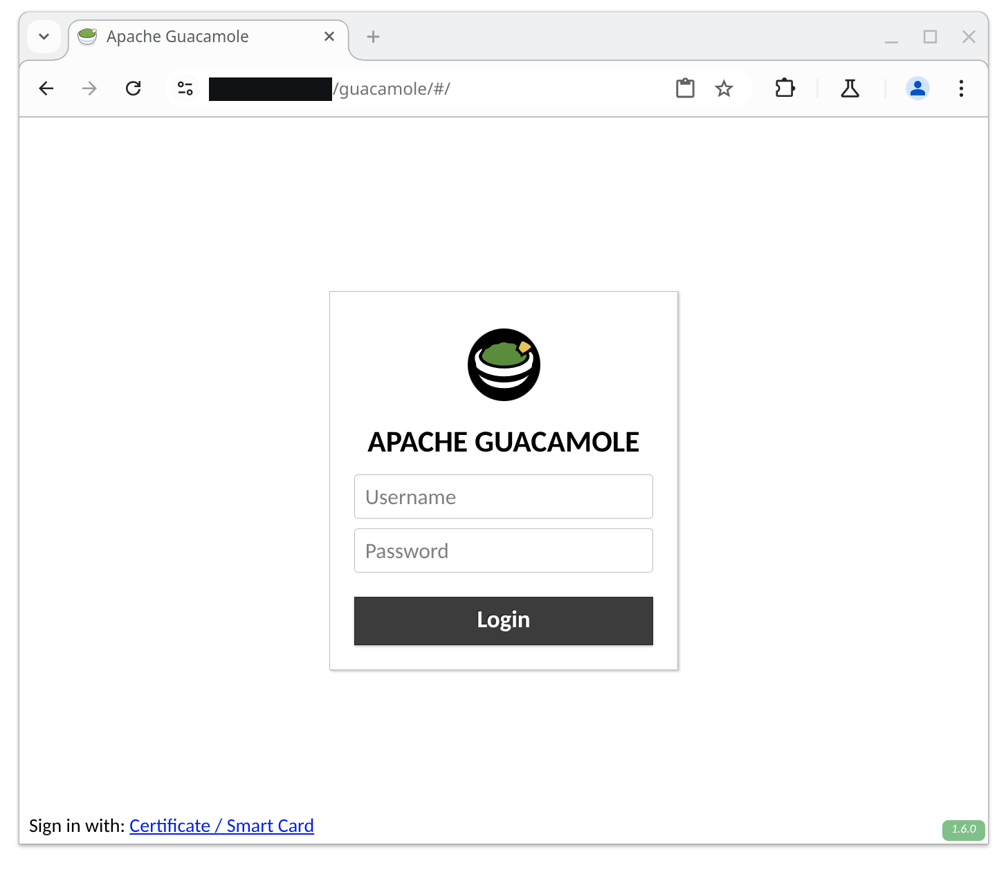 The Guacamole login screen, showing the "Certificate / Smart Card" prompt added by the SSL client authentication extension.