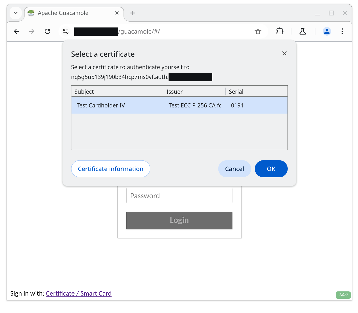 The browser prompt resulting from starting the SSL client authentication process by clicking the "Certificate / Smart Card" link, displayed in front of the Guacamole login screen.