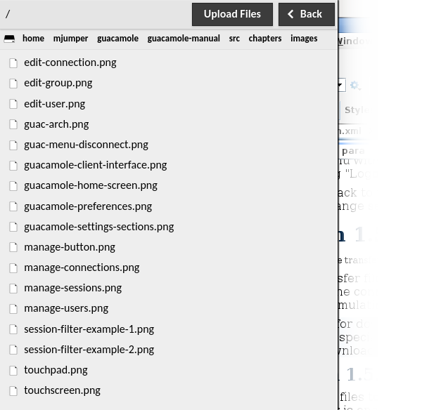 The file browser within the Guacamole menu.